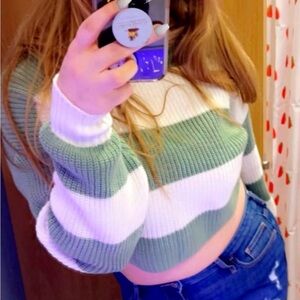 Hollister Green and White Striped Sweater